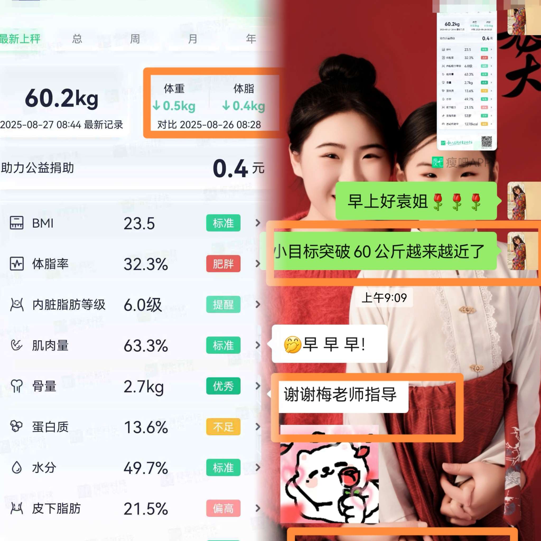 浙江宁波的袁姐今天减了1斤，即将突破60公斤啦